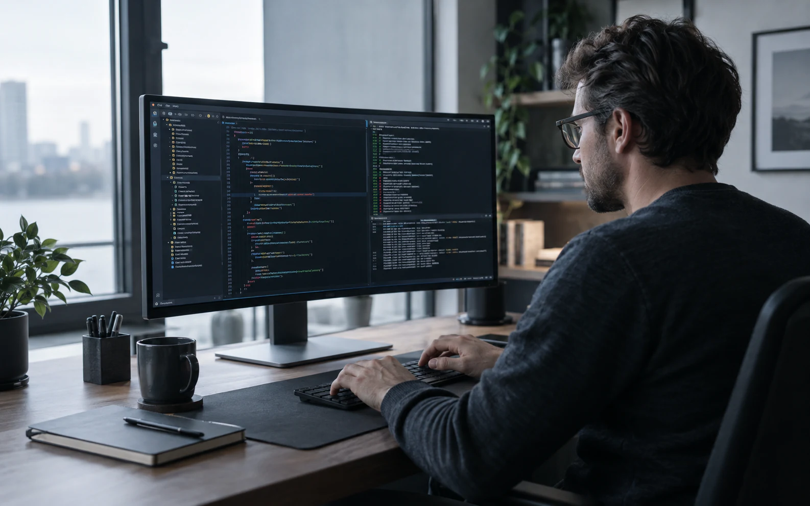 Engineer developing and testing software at a computer