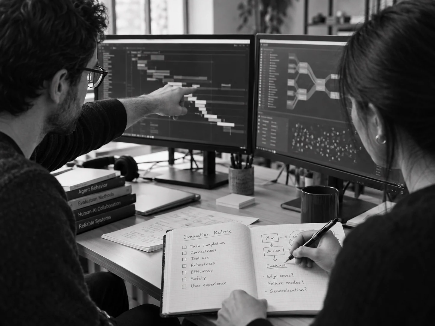 Professional analysts reviewing a structured agent evaluation