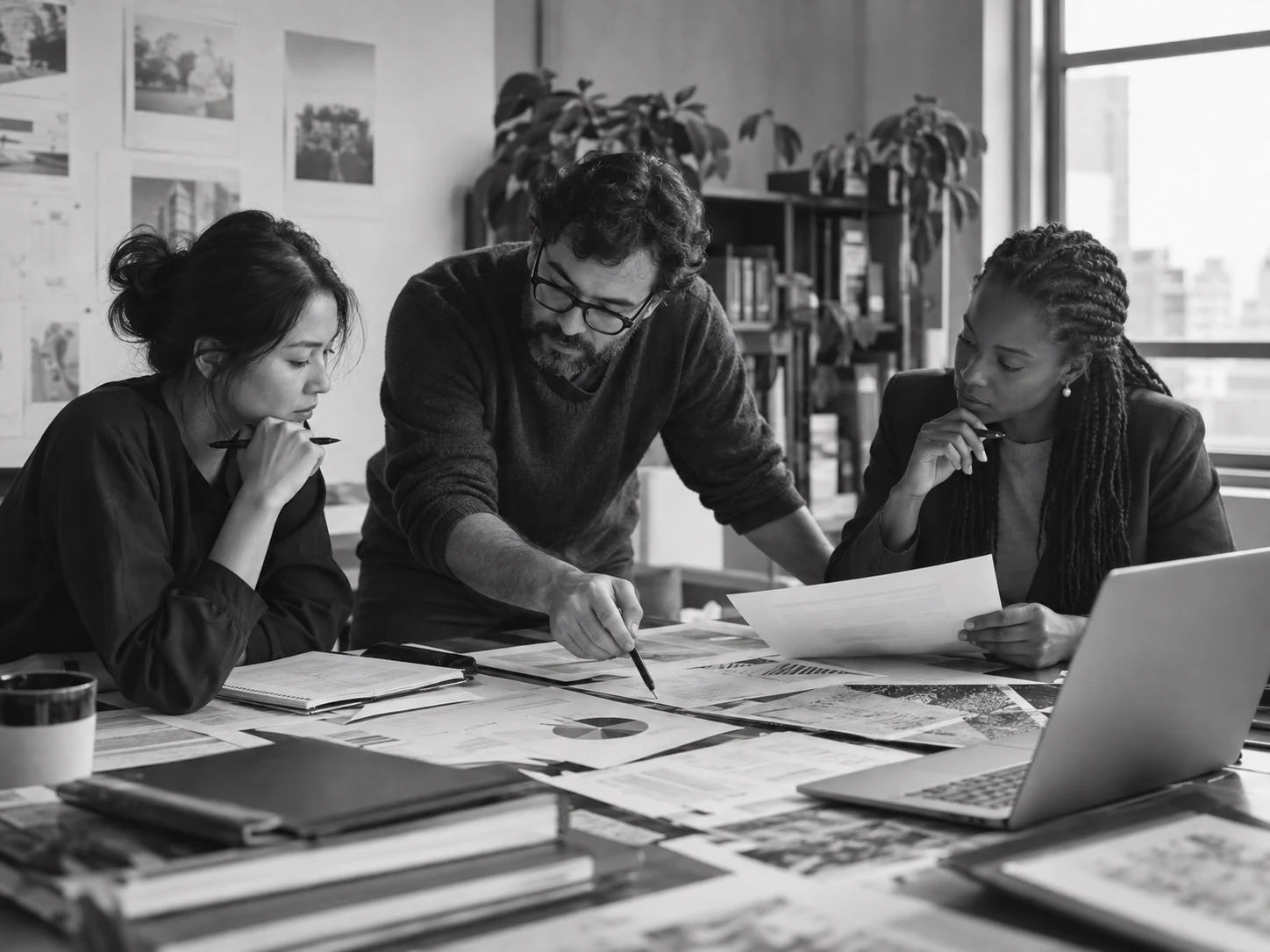 Experts reviewing professional work and model evaluation materials together